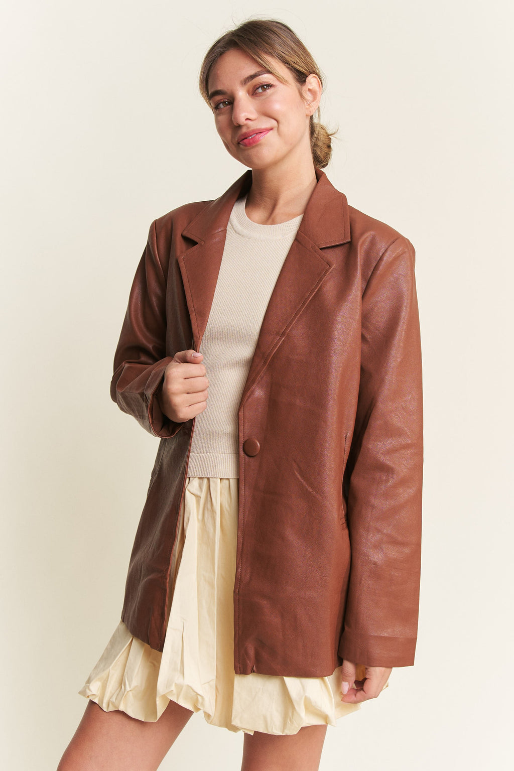 Cognac Faux Leather Blazer