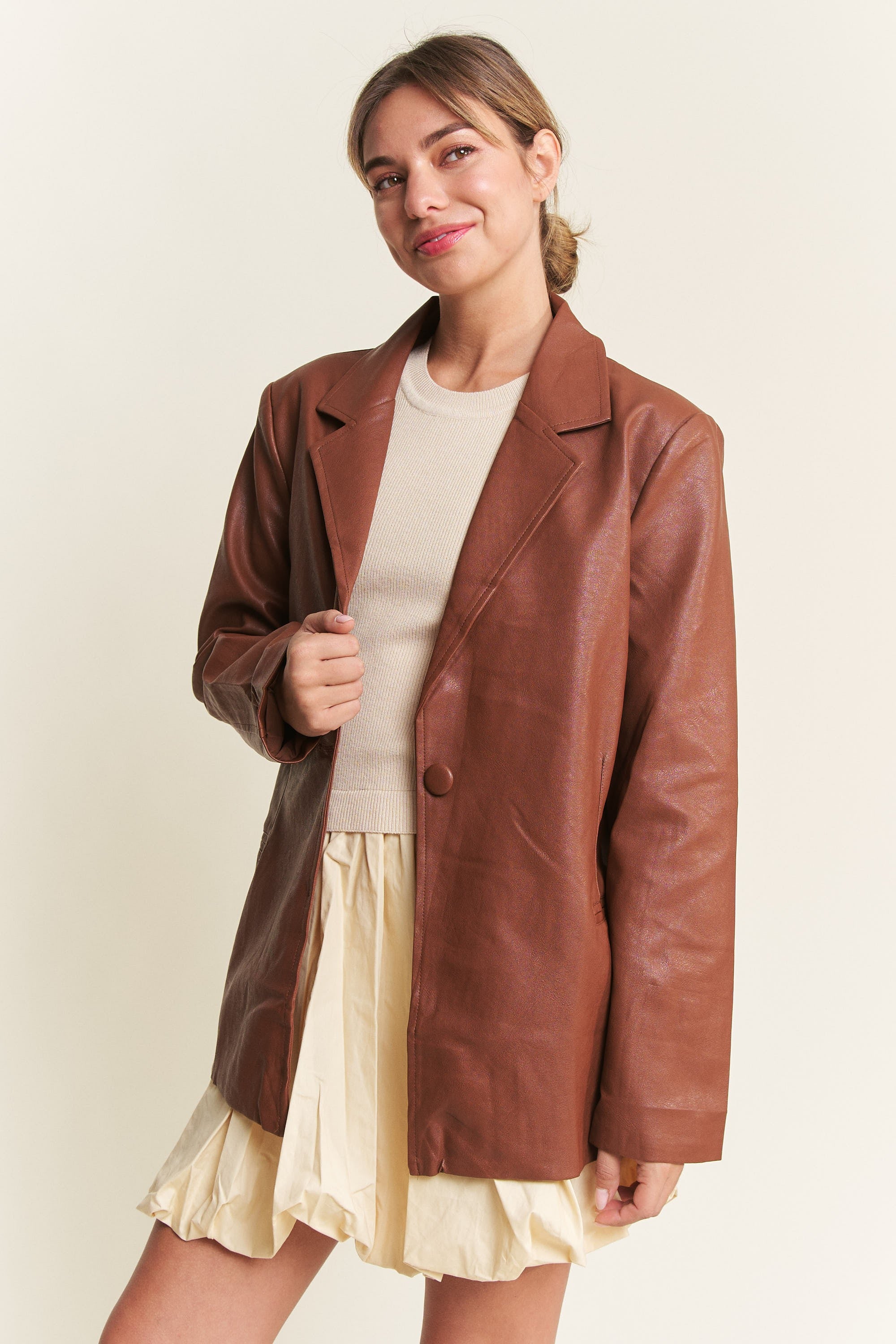 Cognac Faux Leather Blazer