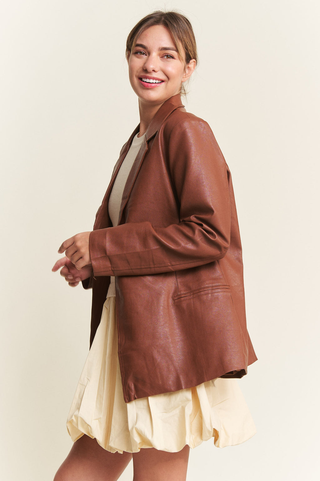 Cognac Faux Leather Blazer