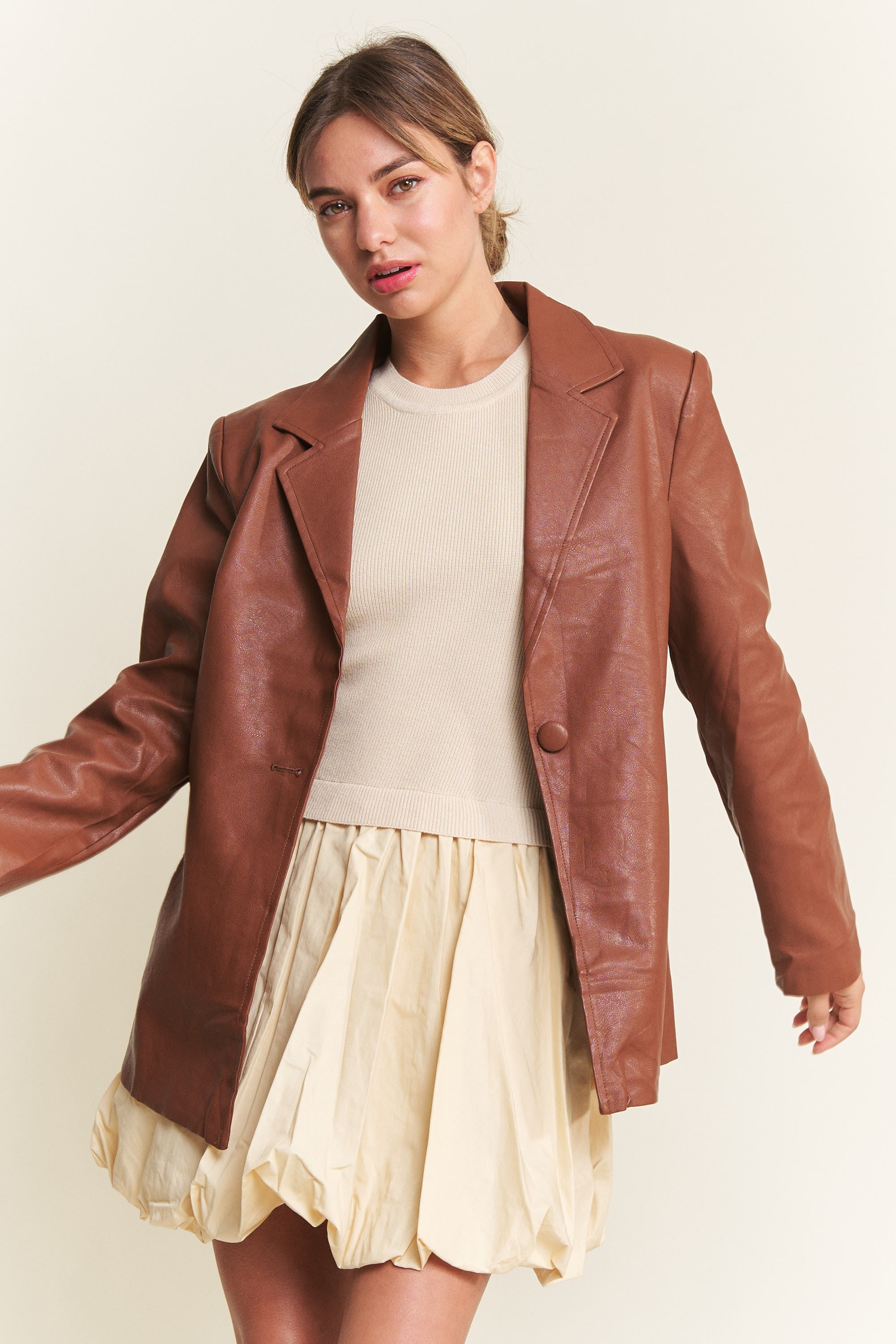 Cognac Faux Leather Blazer