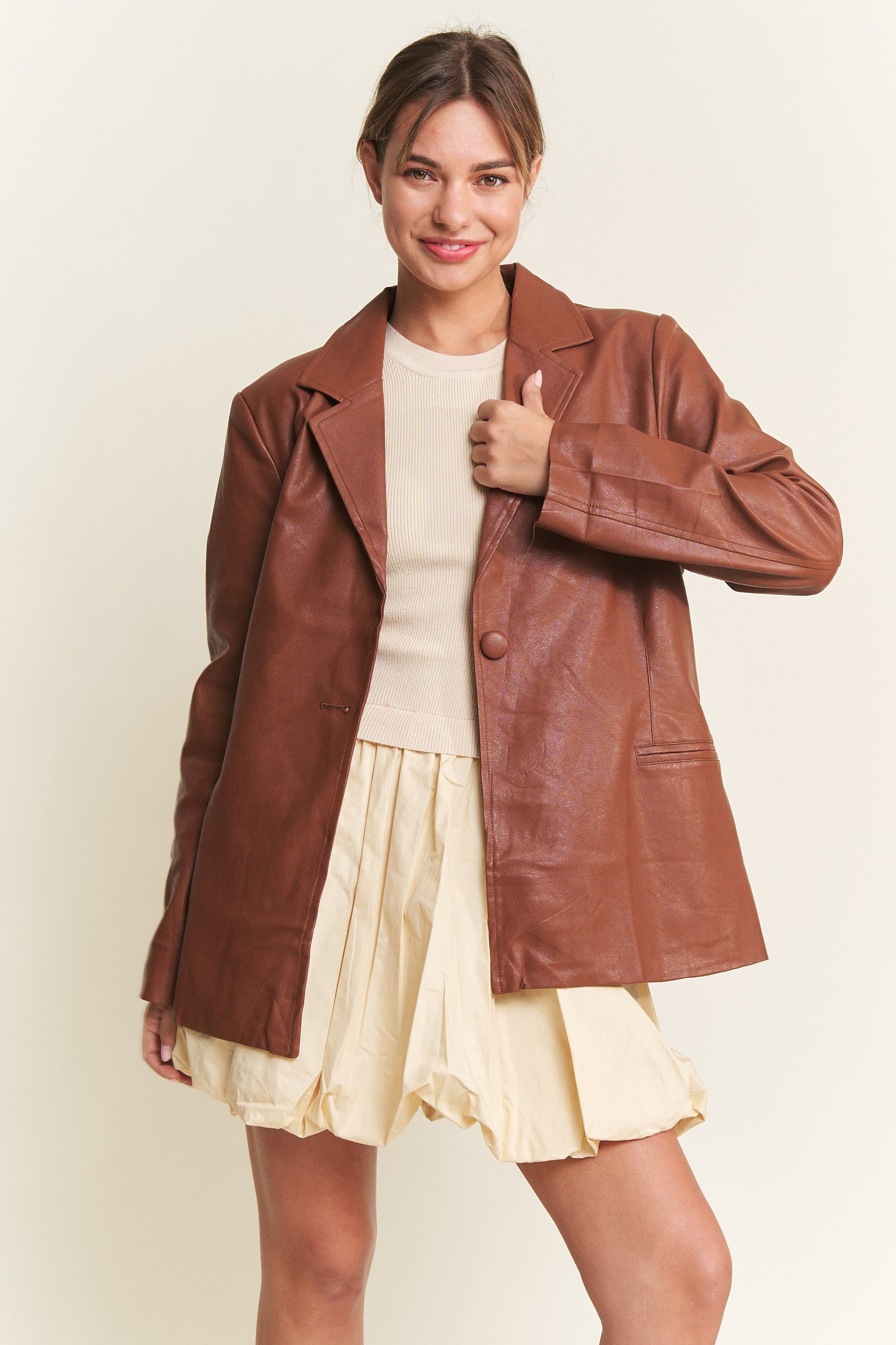 Cognac Faux Leather Blazer