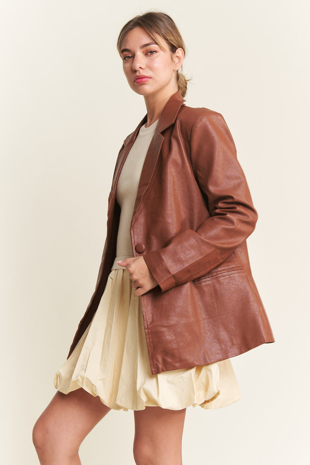 Cognac Faux Leather Blazer