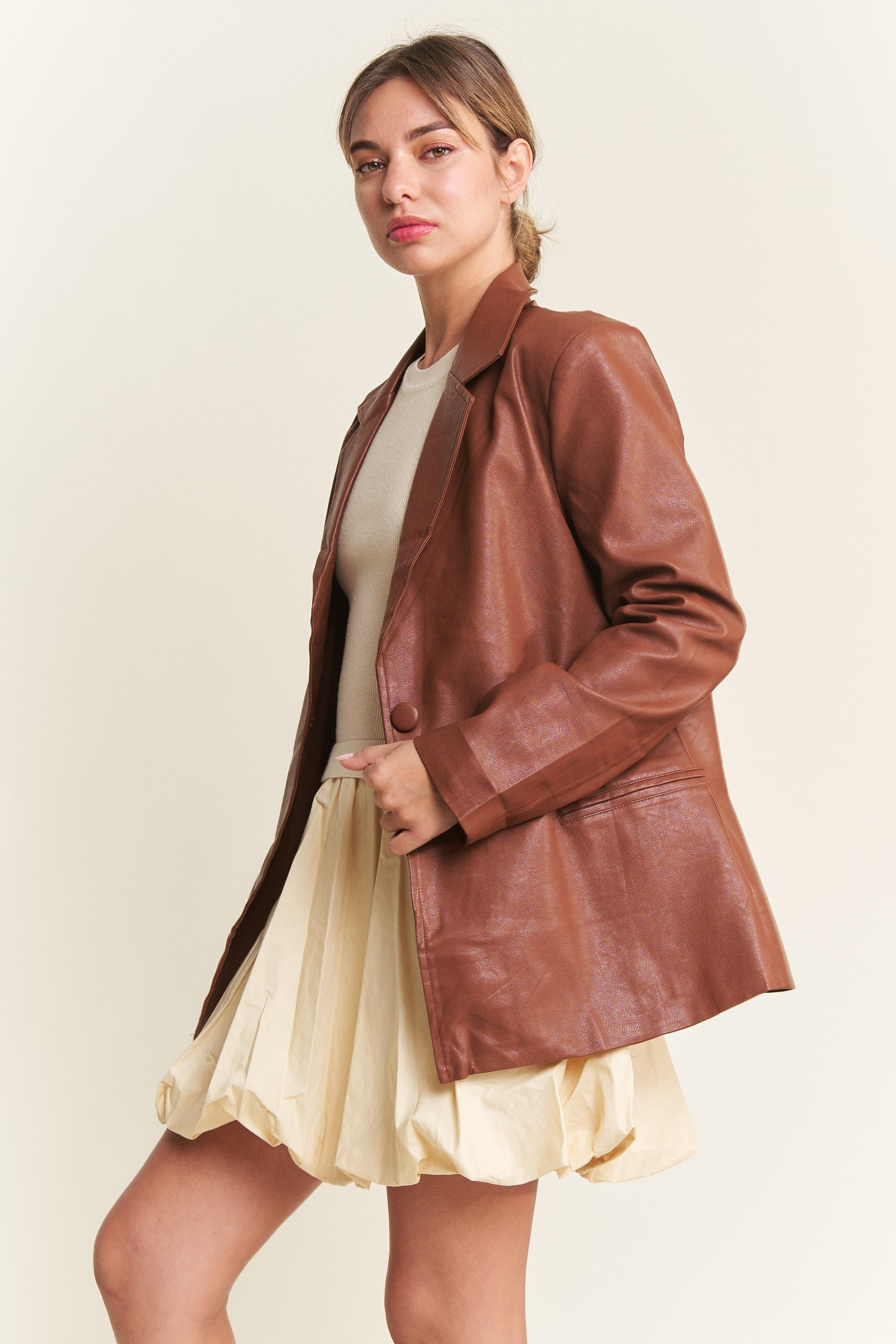 Cognac Faux Leather Blazer