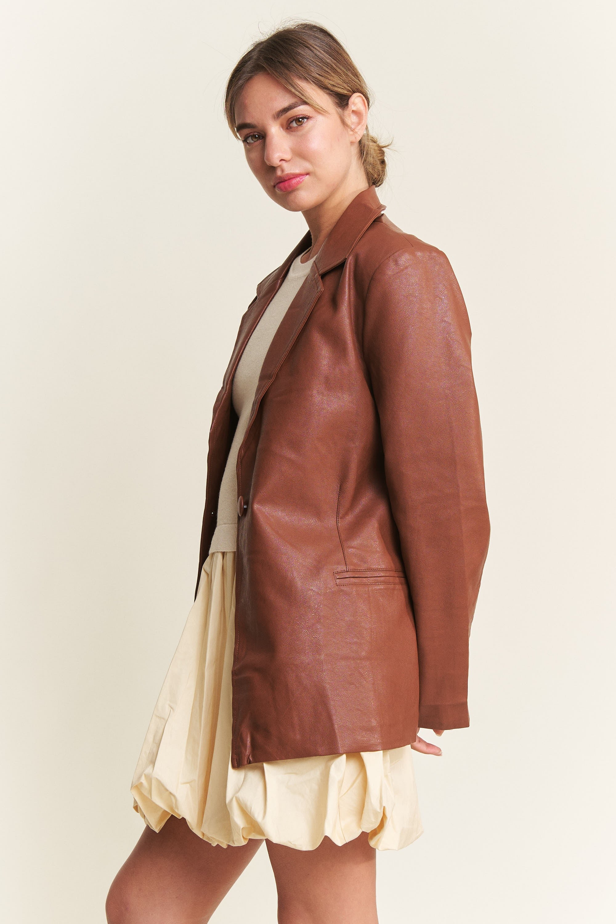 Cognac Faux Leather Blazer