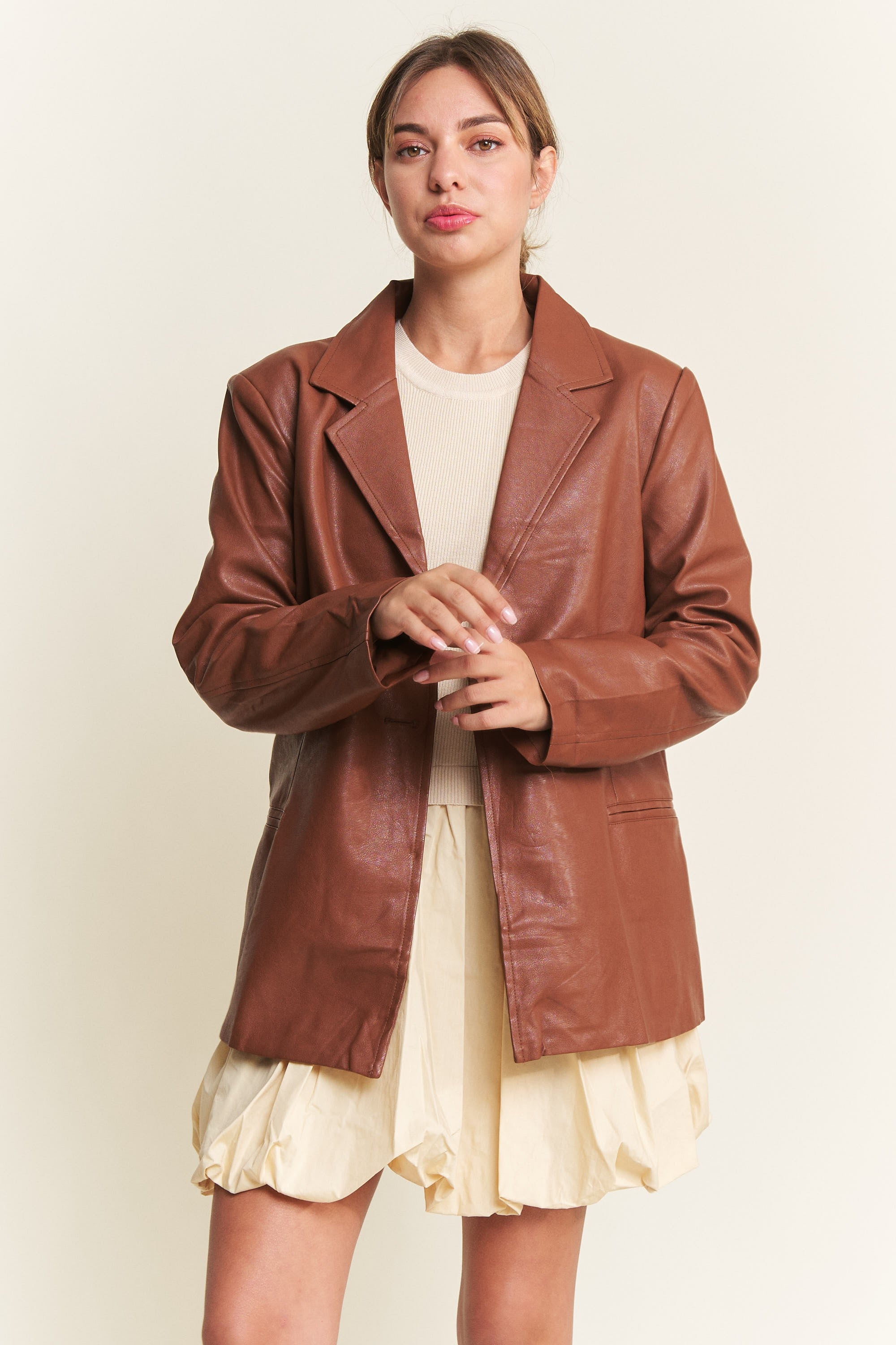 Cognac Faux Leather Blazer