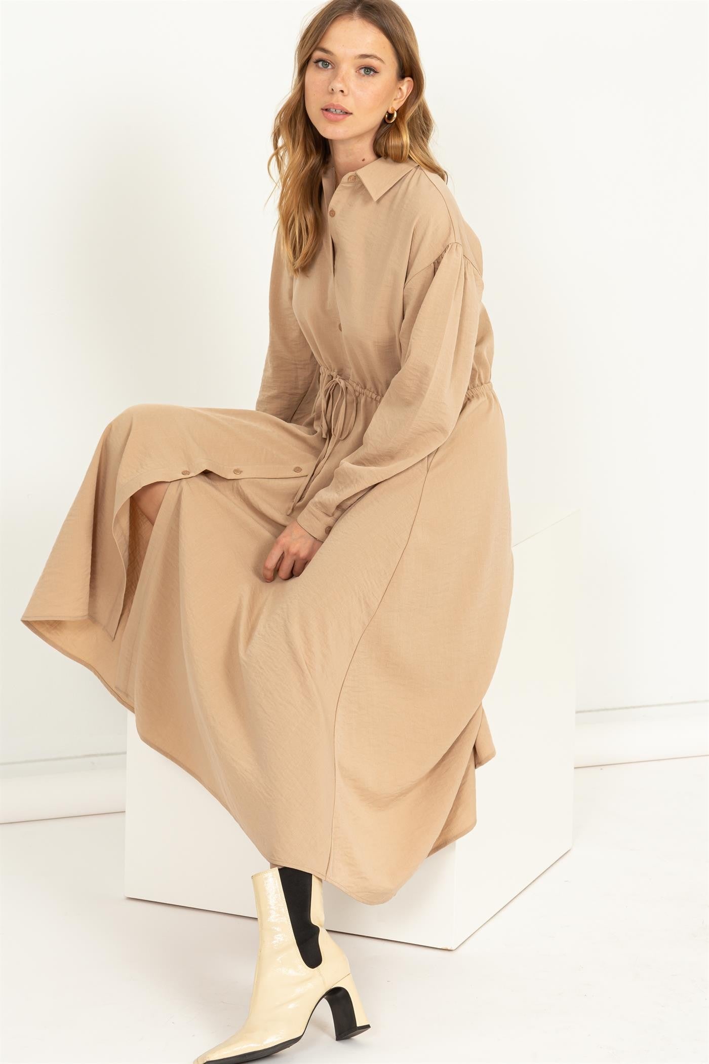 beige button down midi dress