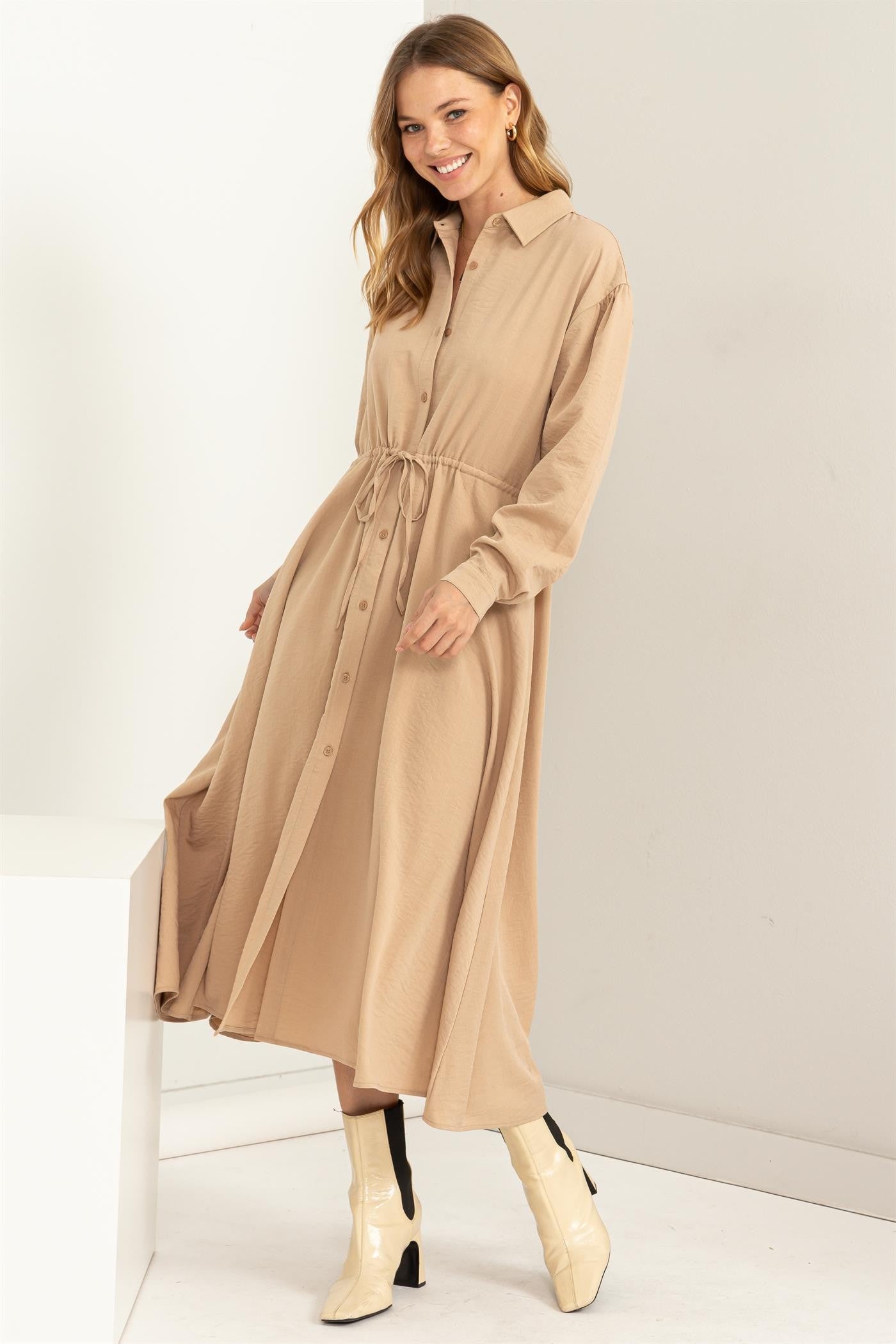 beige button down midi dress