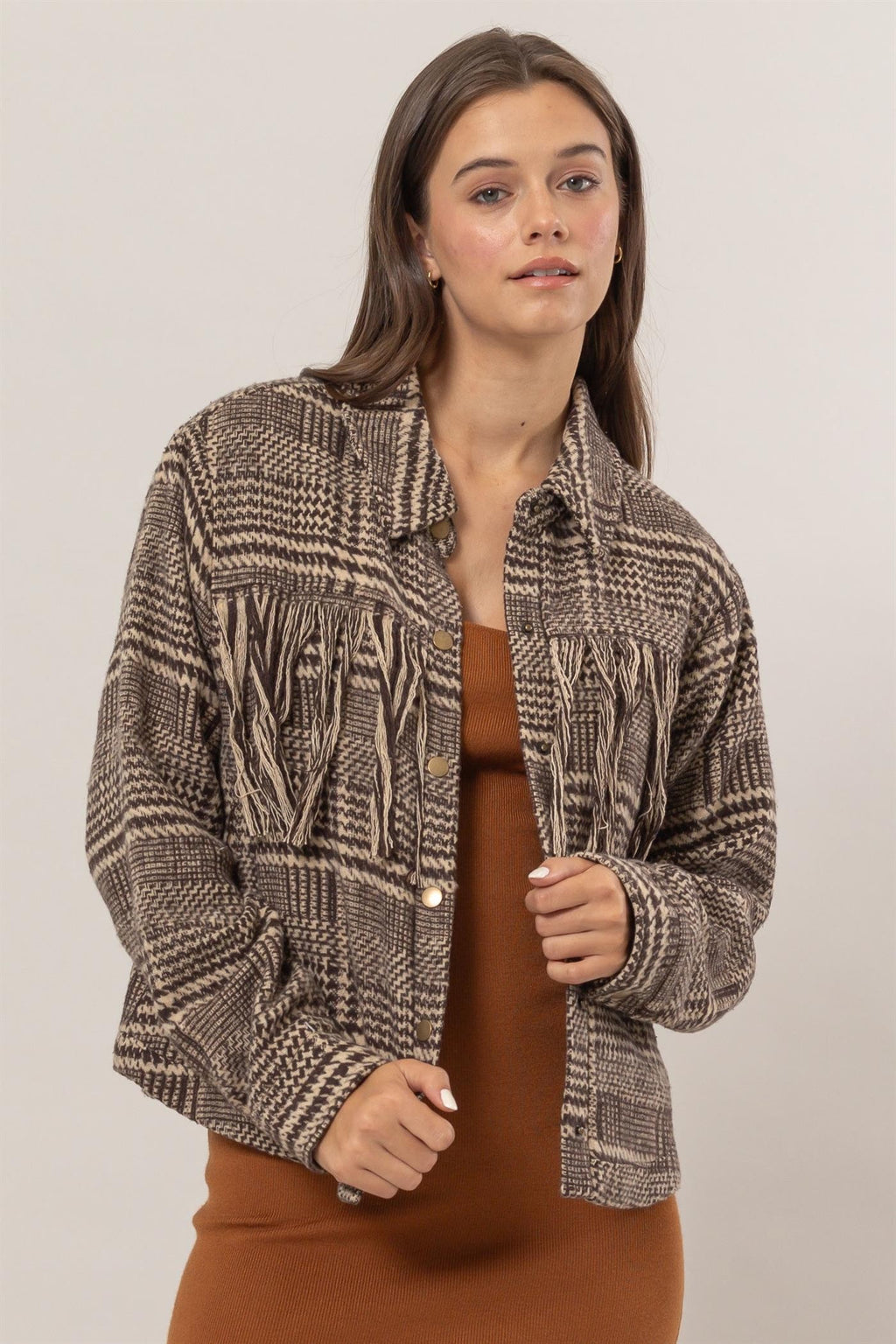 fringed plaid jacket