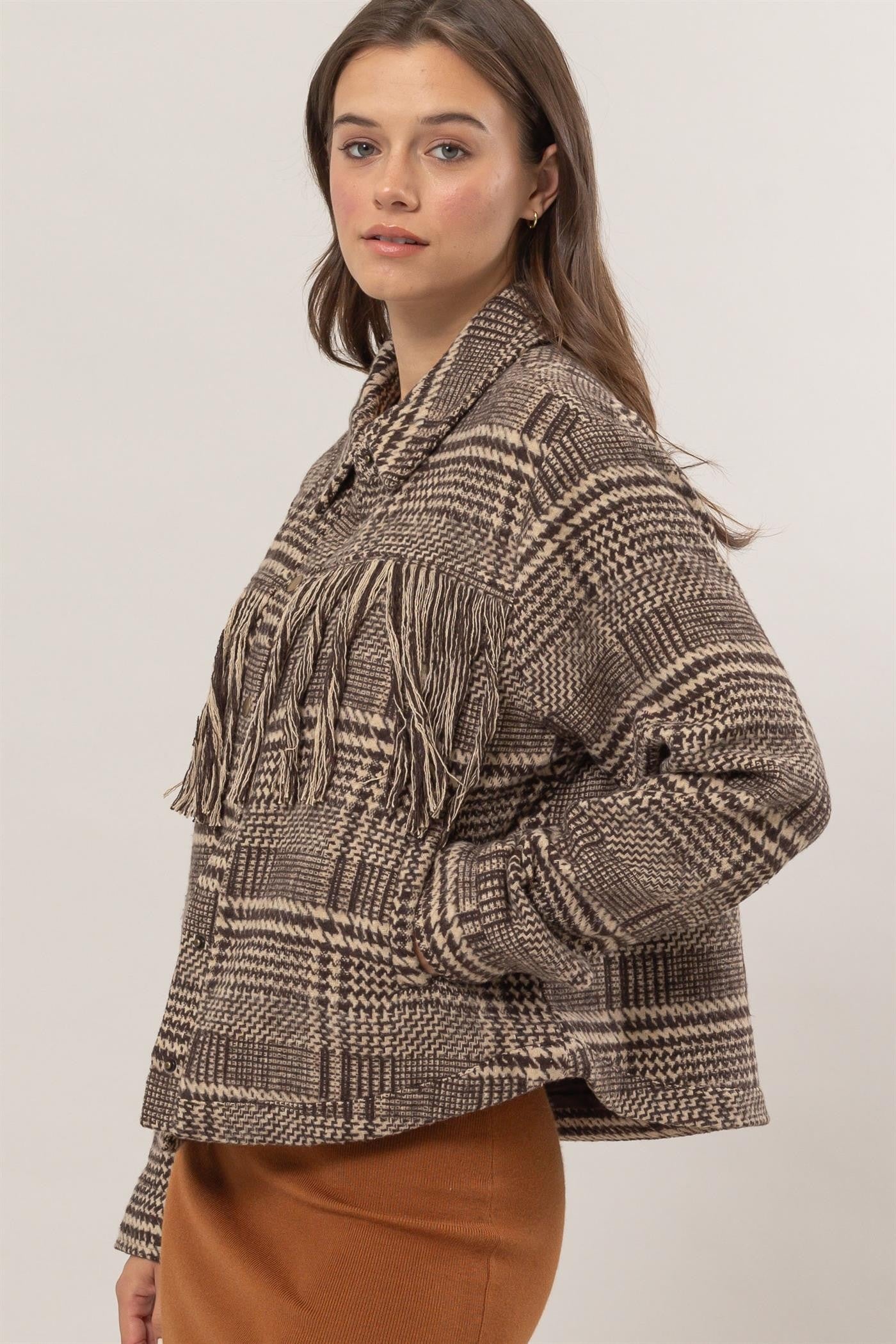 fringed plaid jacket