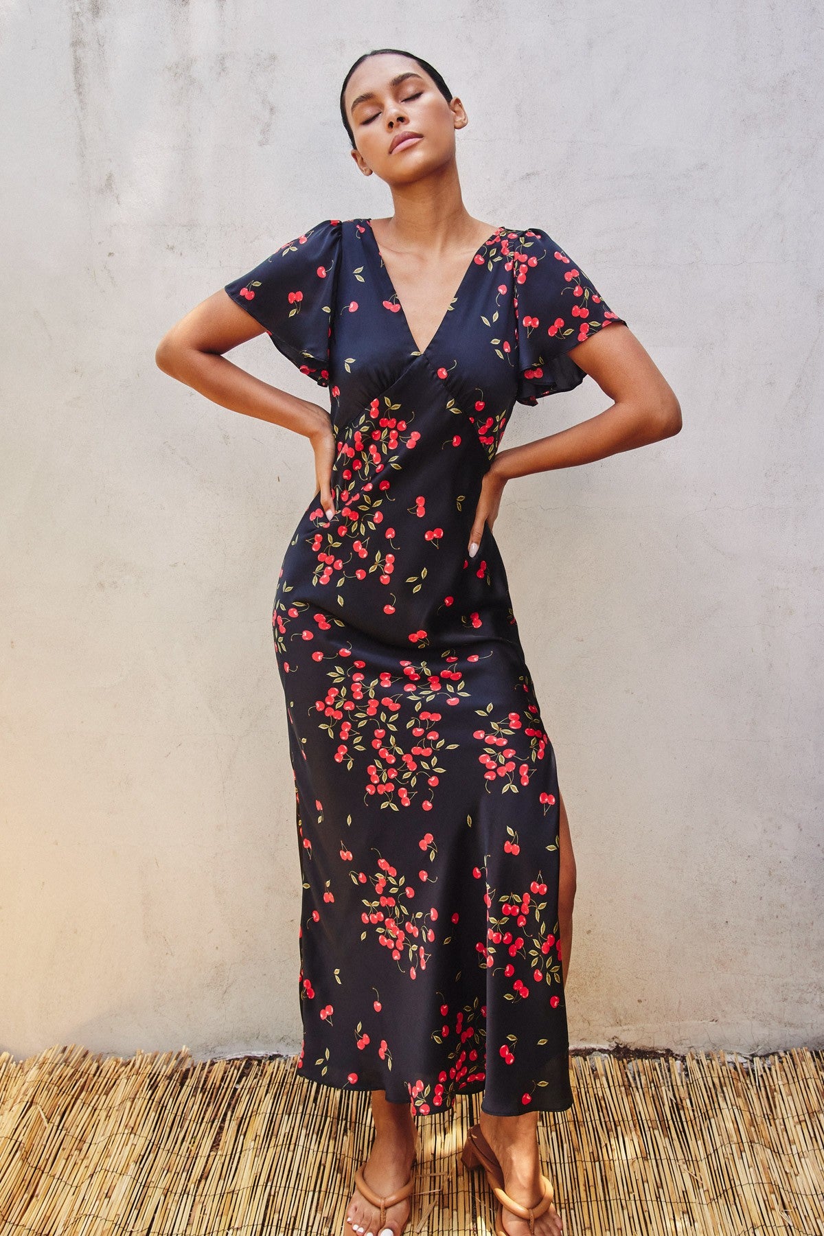 cherries silky maxi dress
