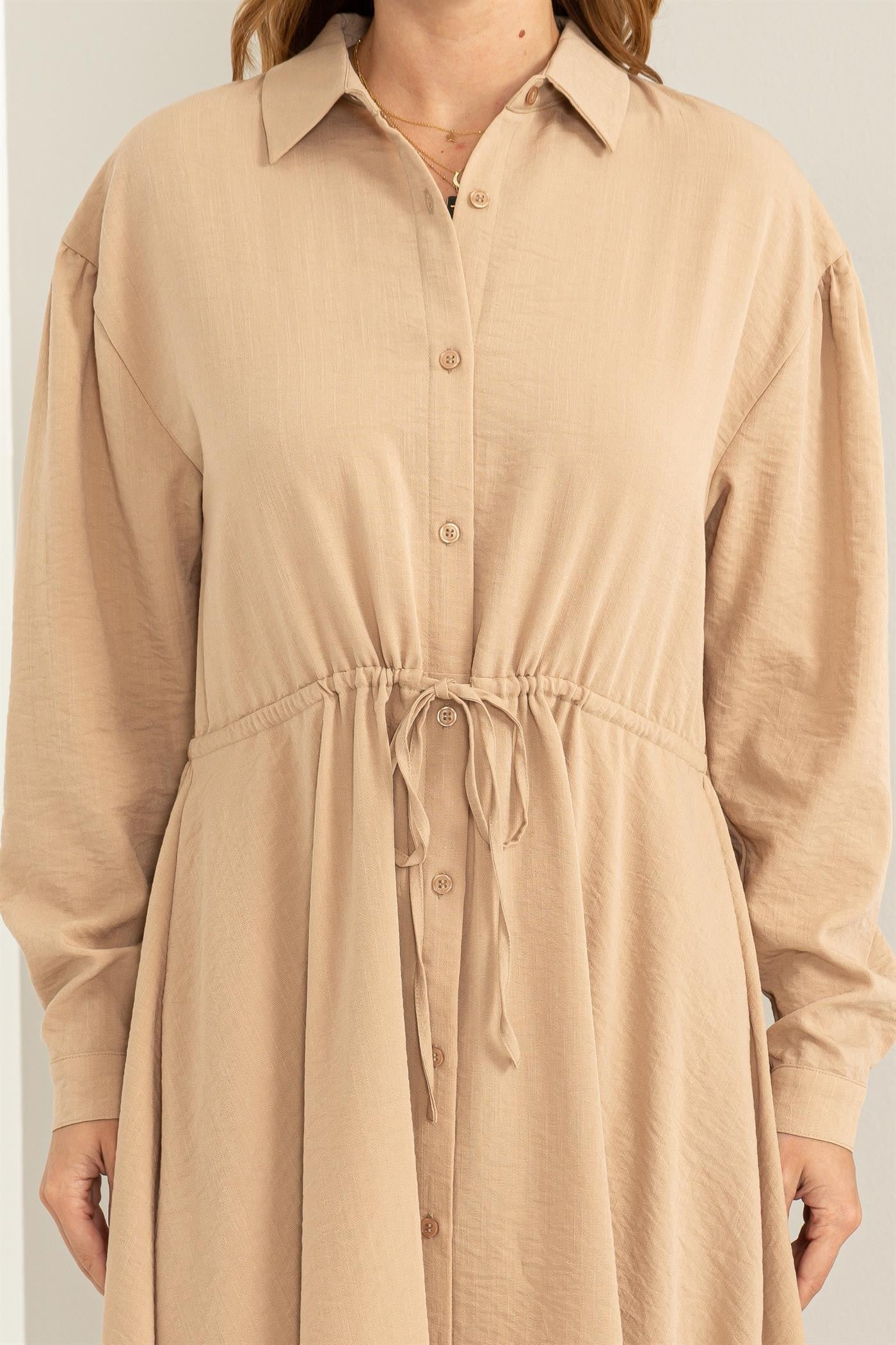 beige button down midi dress