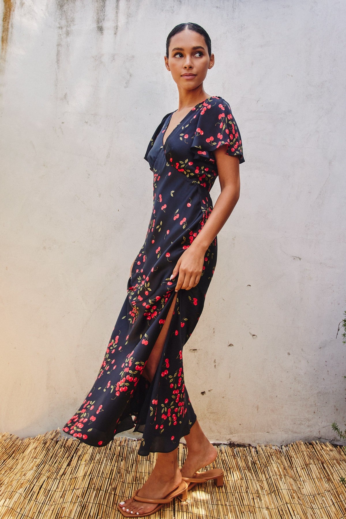 cherries silky maxi dress