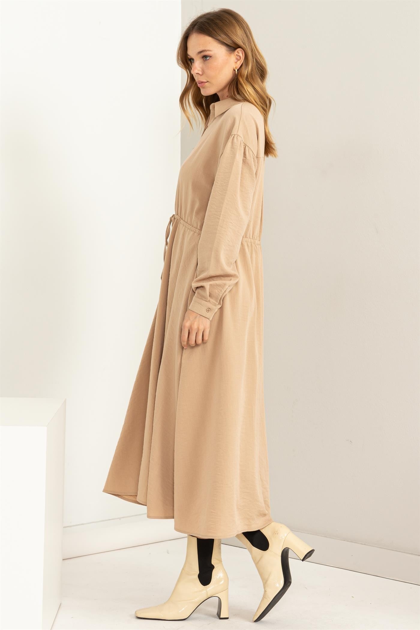 beige button down midi dress