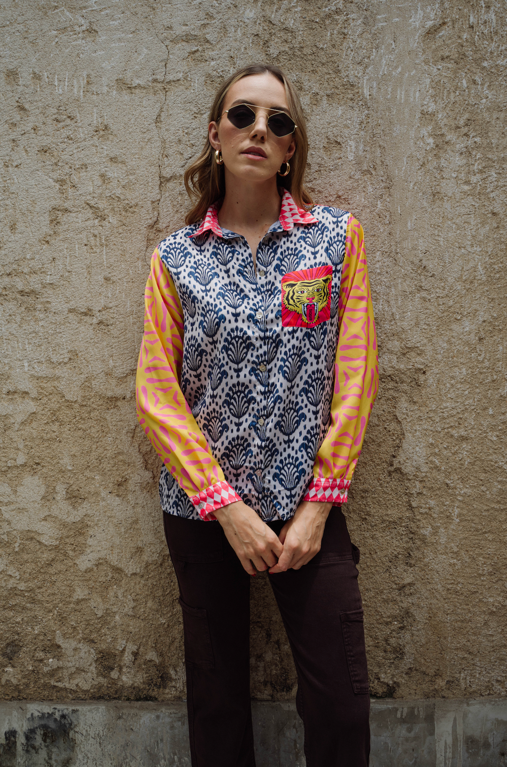 boho print tiger button down