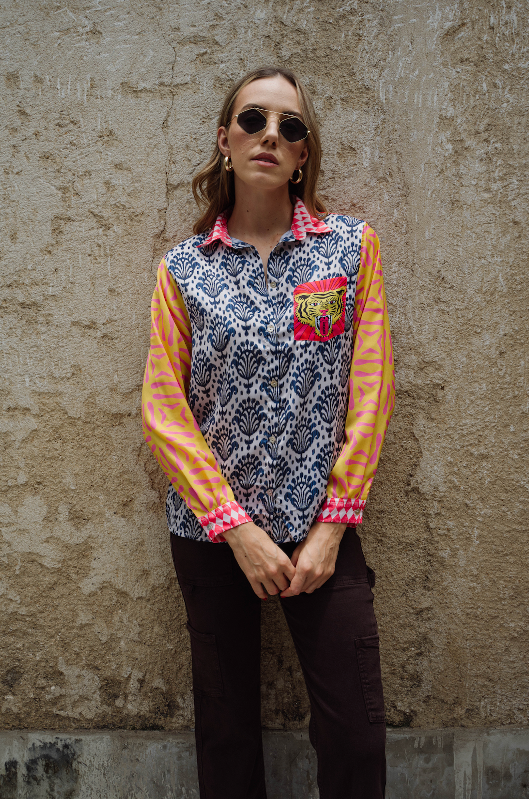 boho print tiger button down