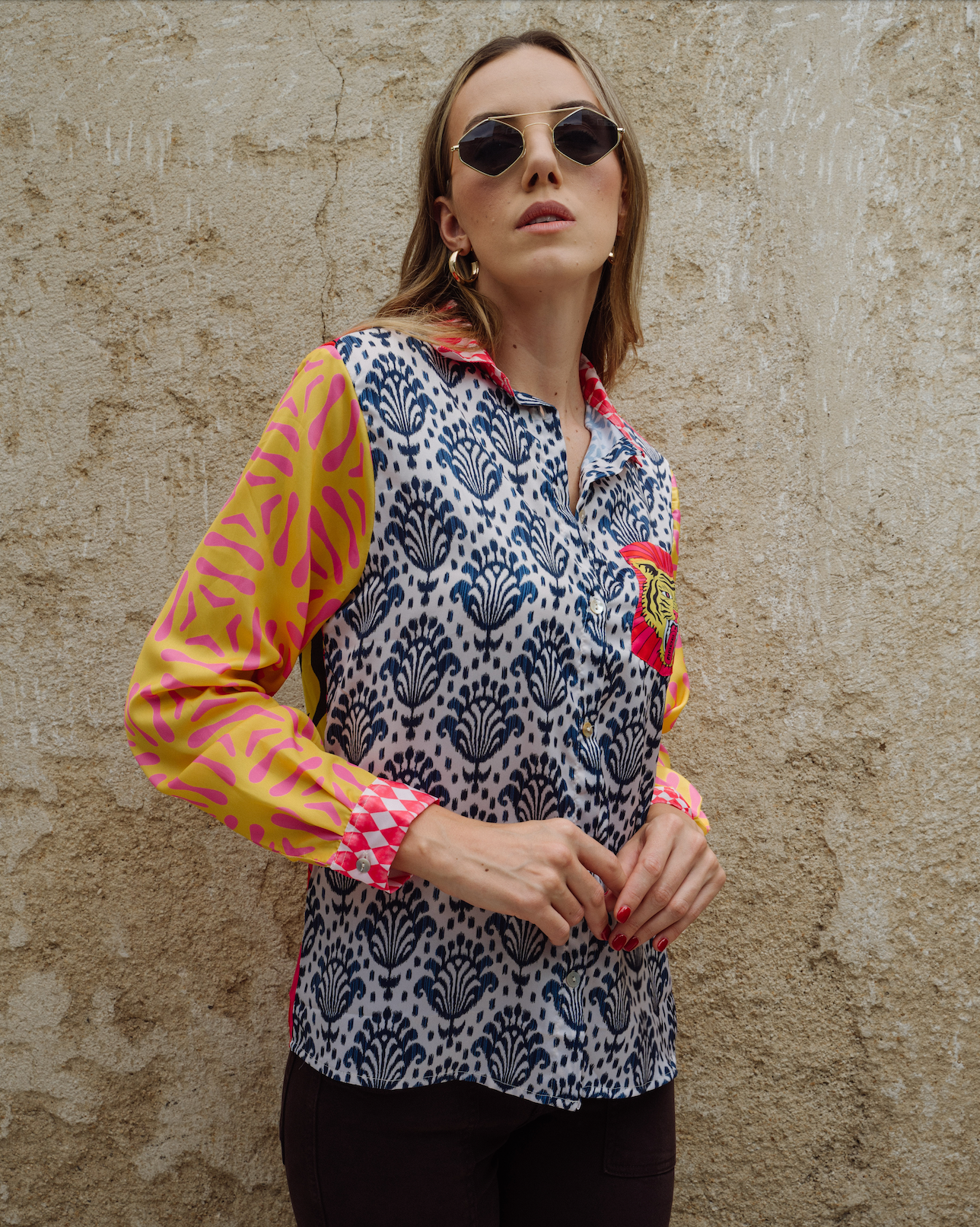 boho print tiger button down