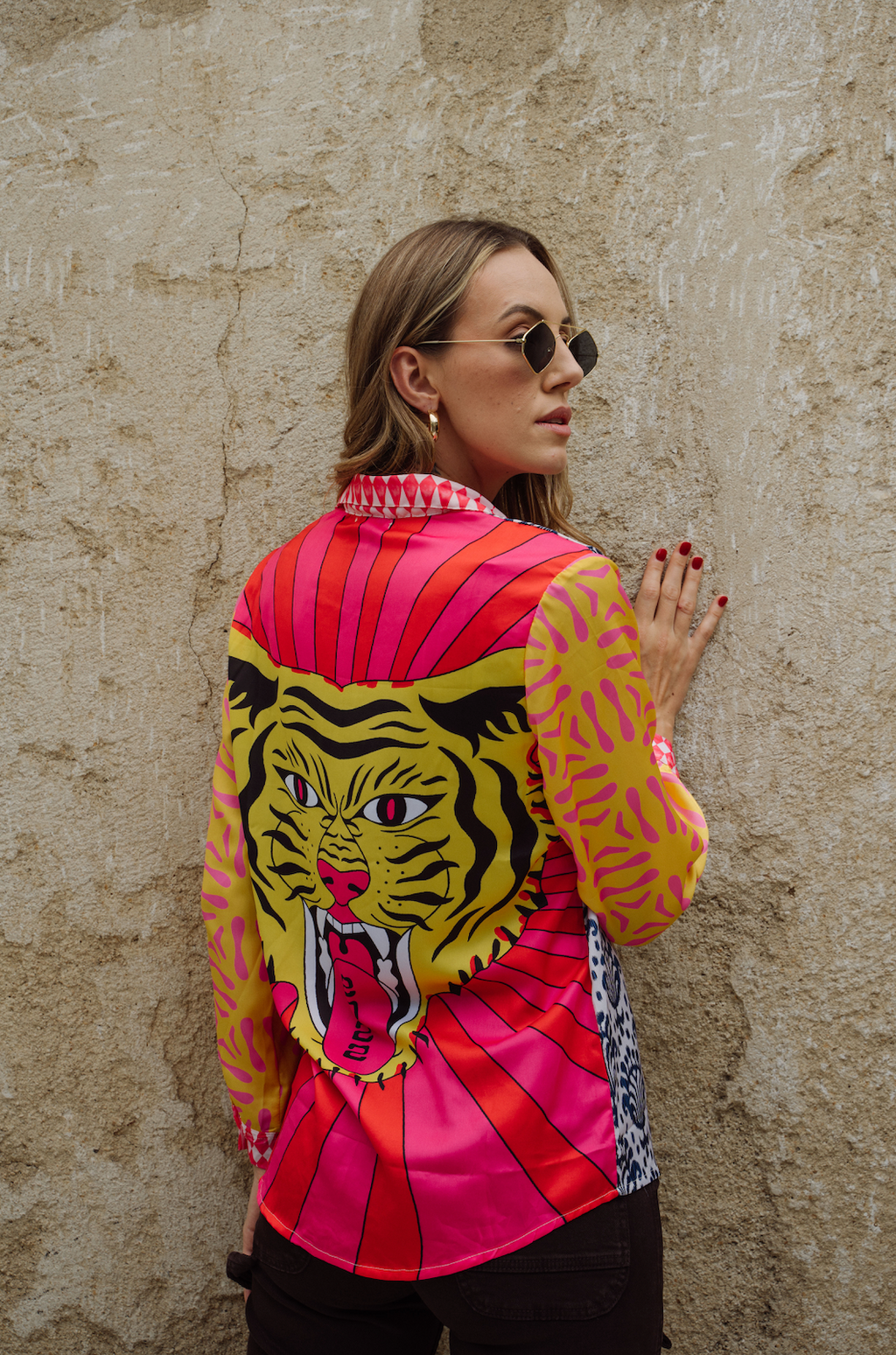 boho print tiger button down