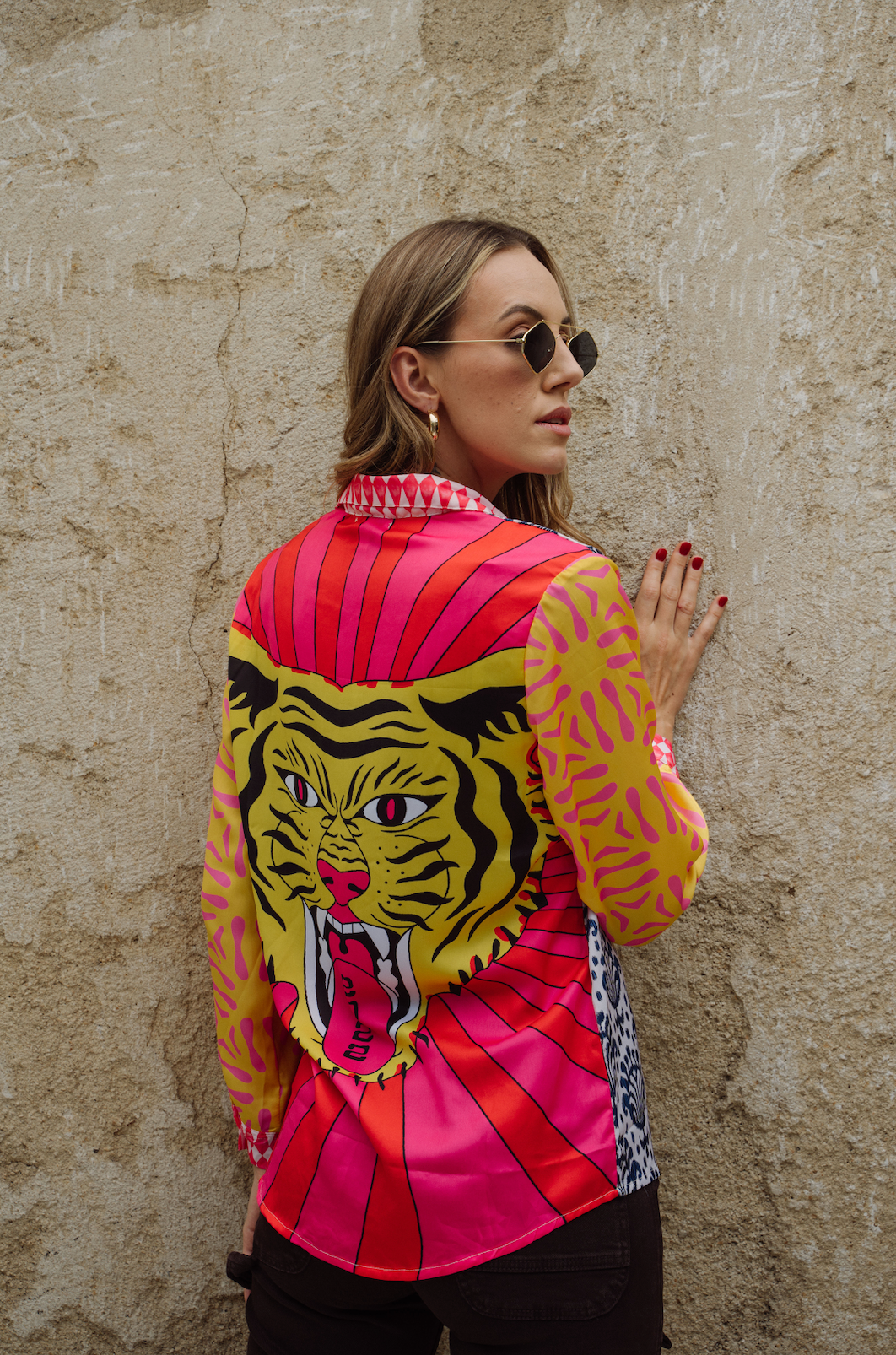boho print tiger button down