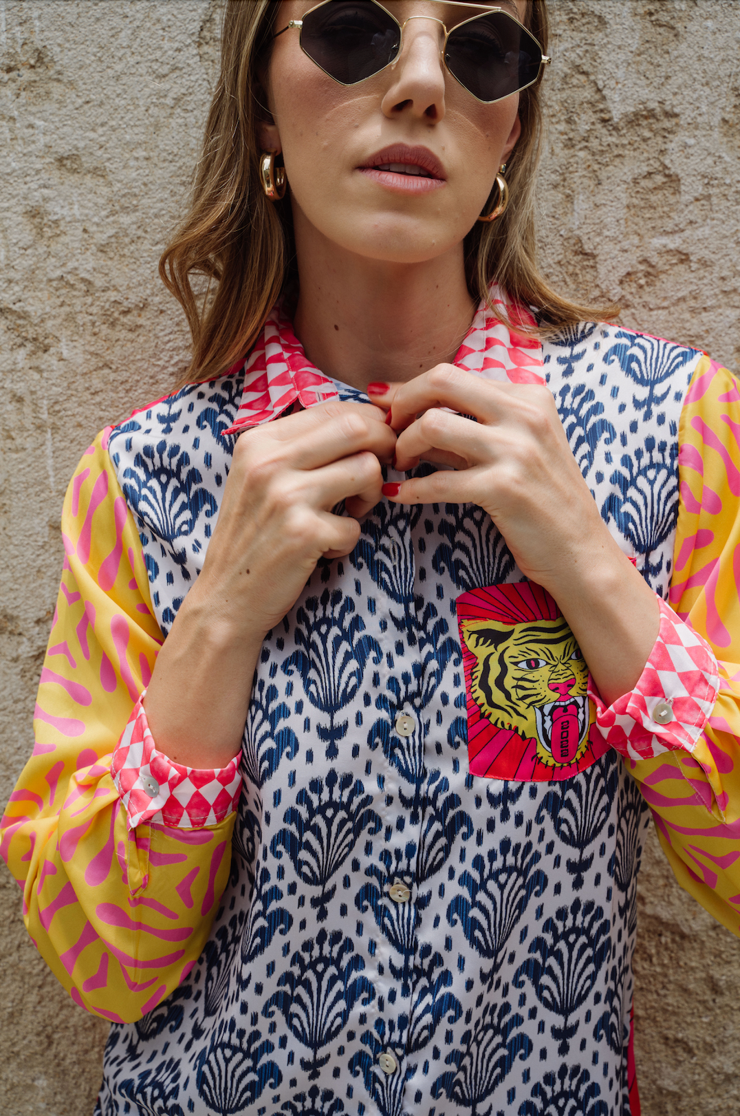 boho print tiger button down