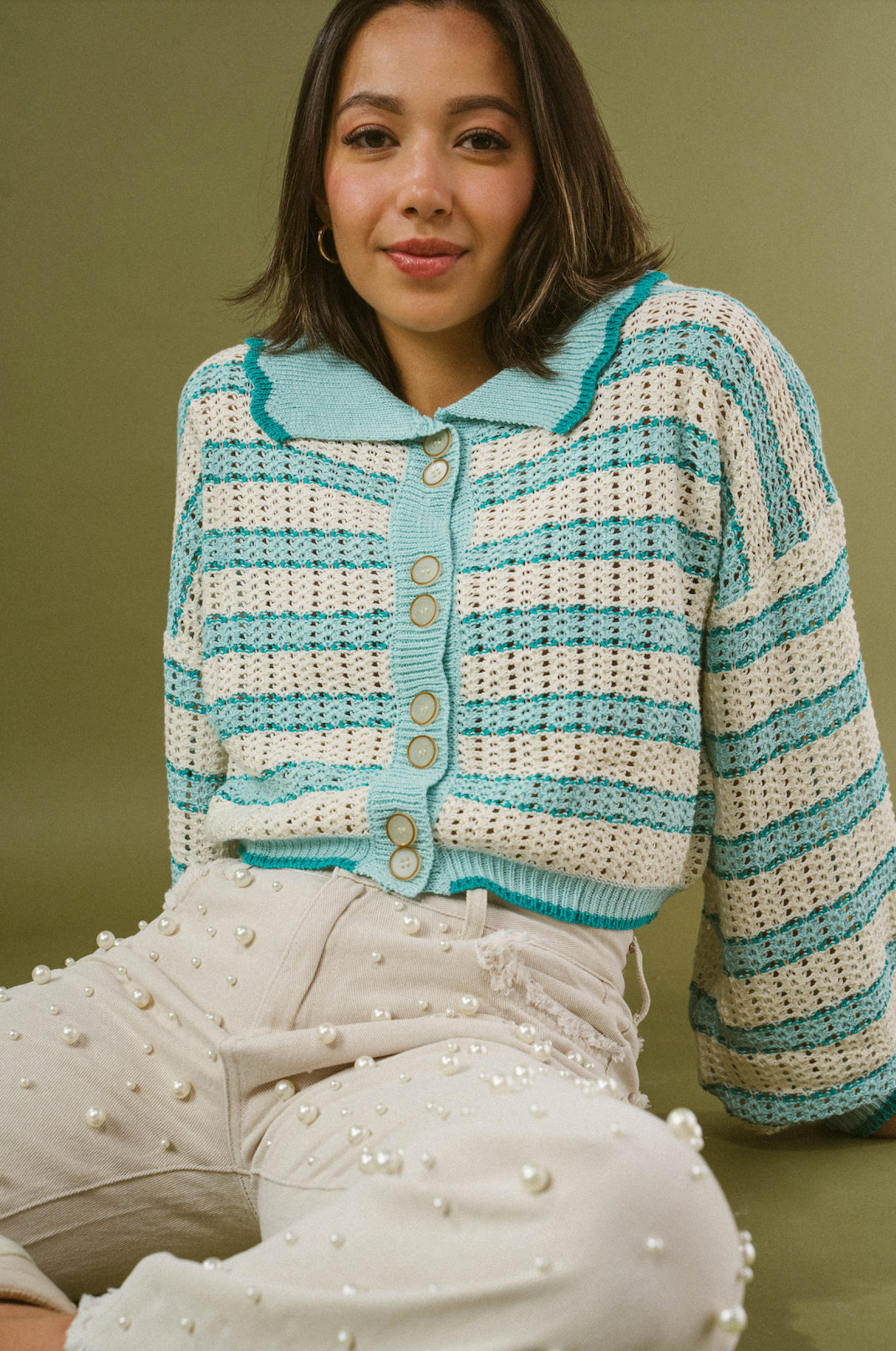 stripped crochet button down