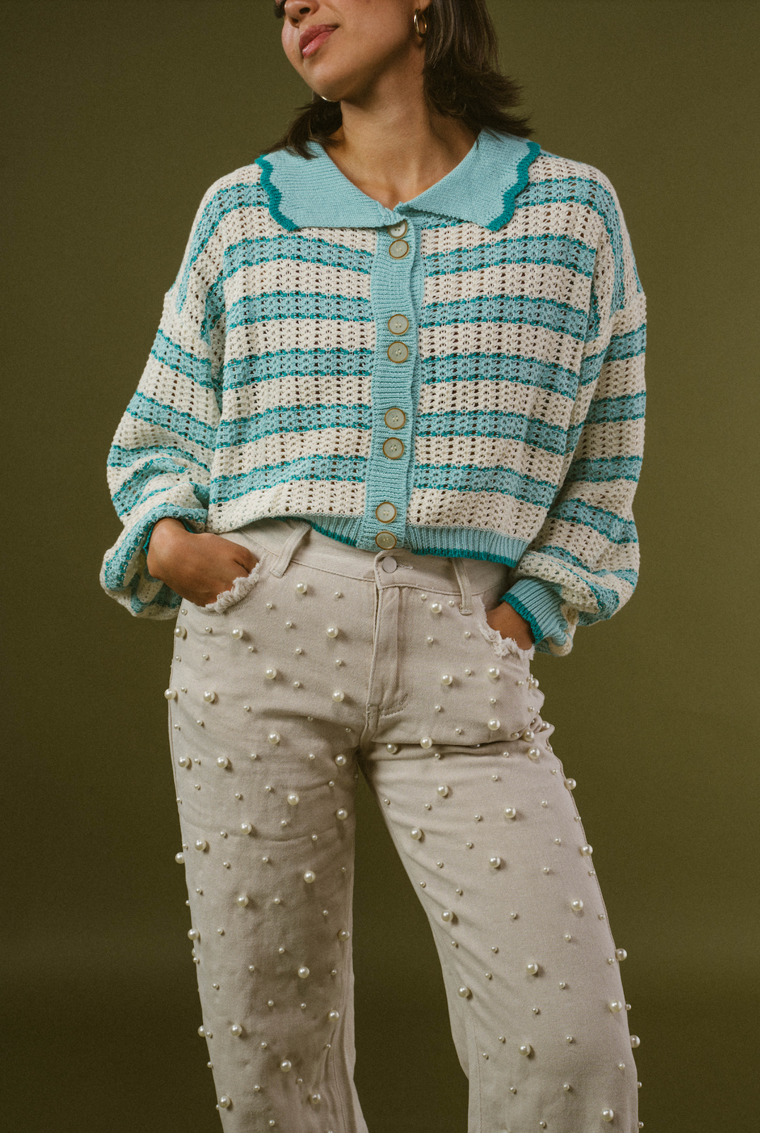 stripped crochet button down
