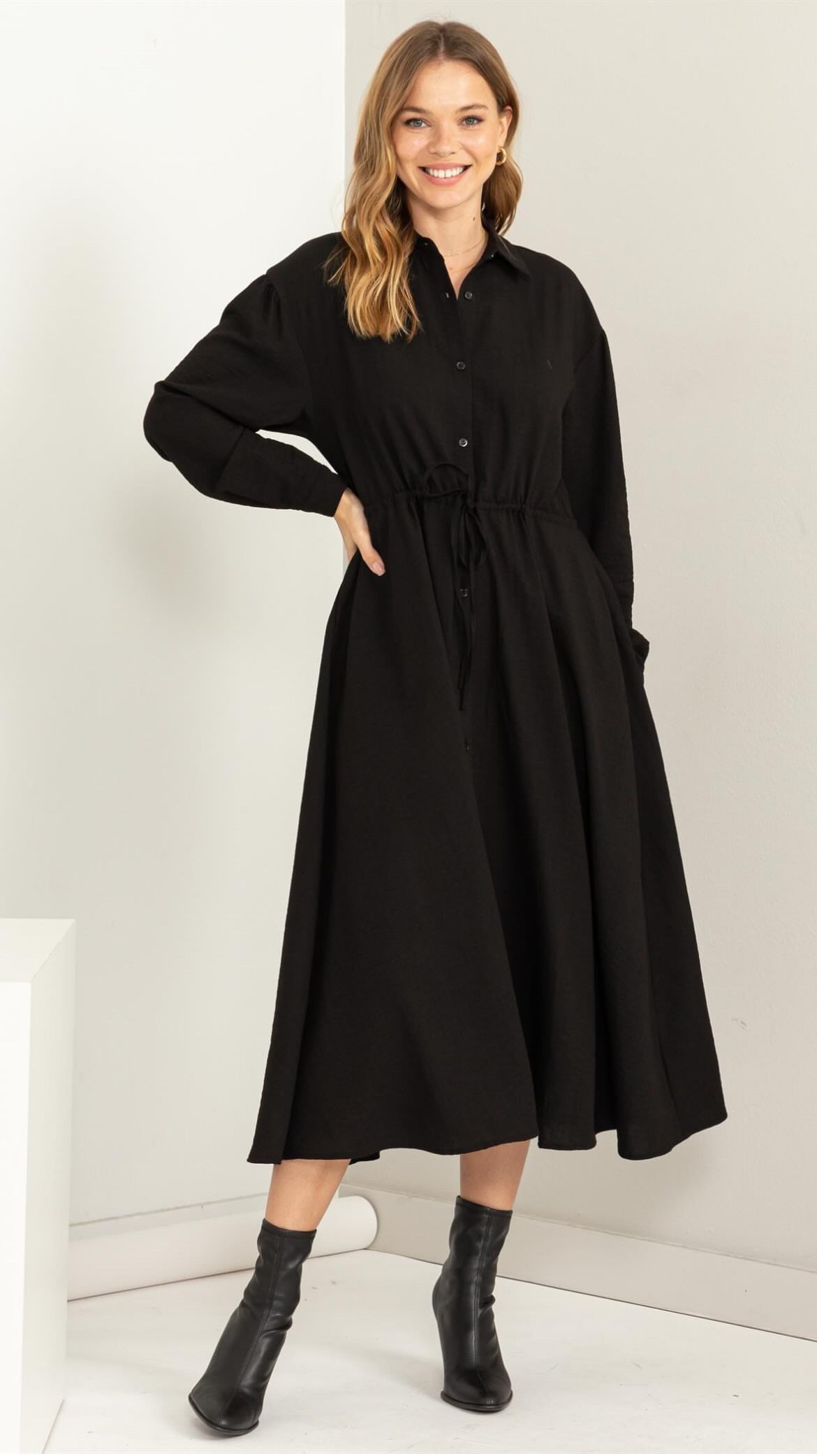 black button down midi dress