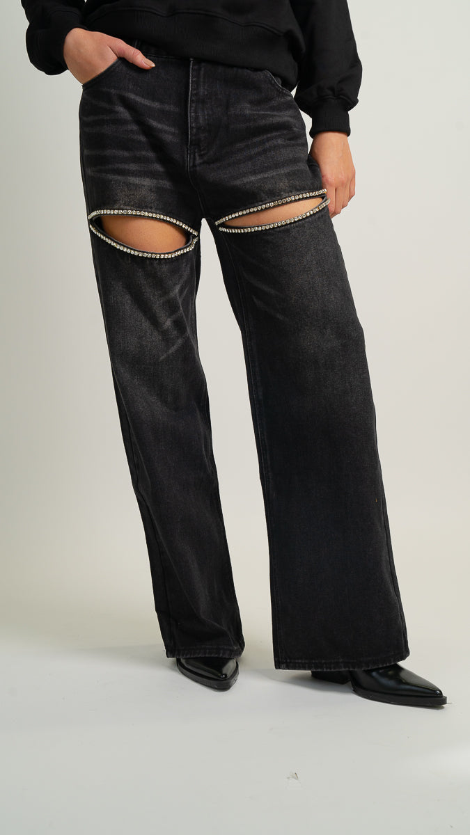 open rhinestone denim