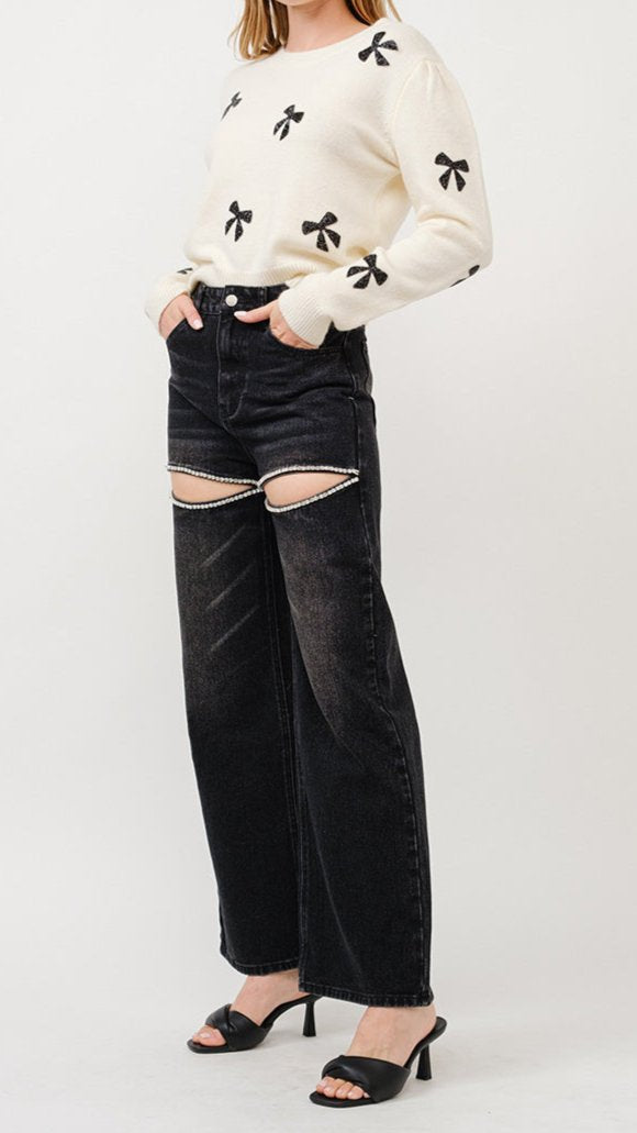 open rhinestone denim