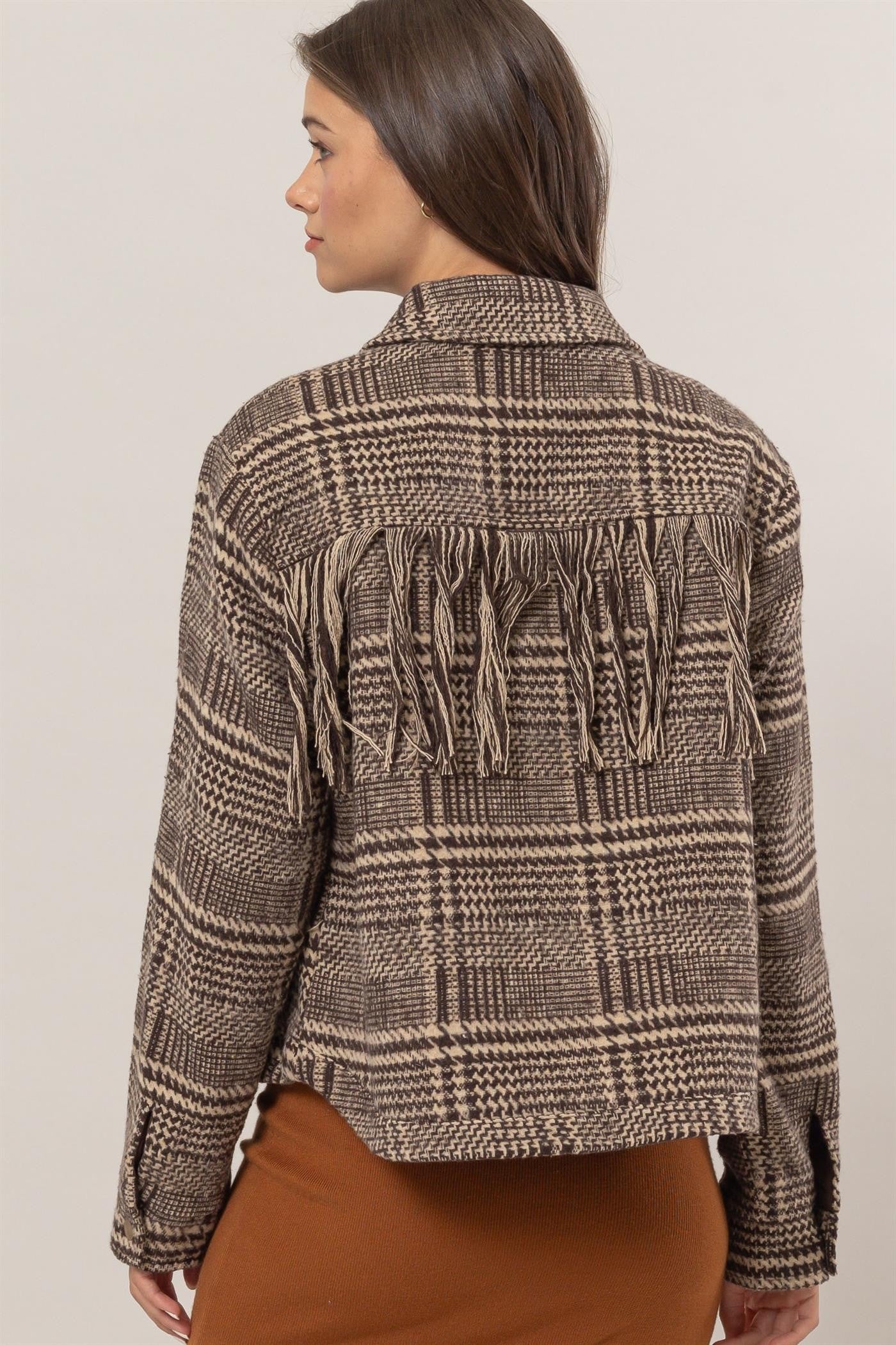 fringed plaid jacket