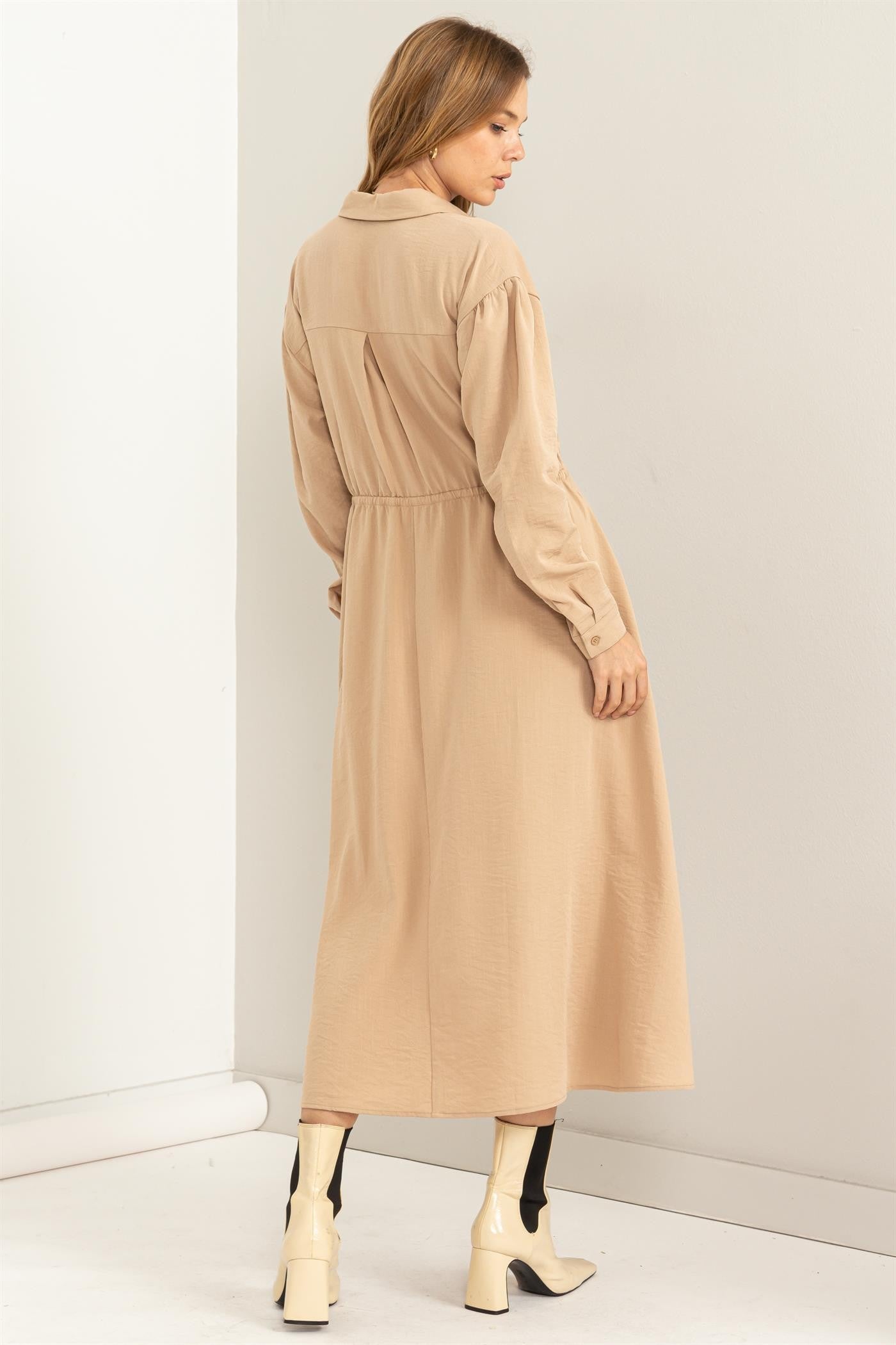 beige button down midi dress