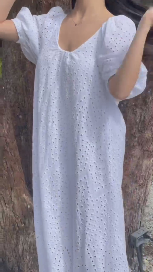 white flowy eyelet dress